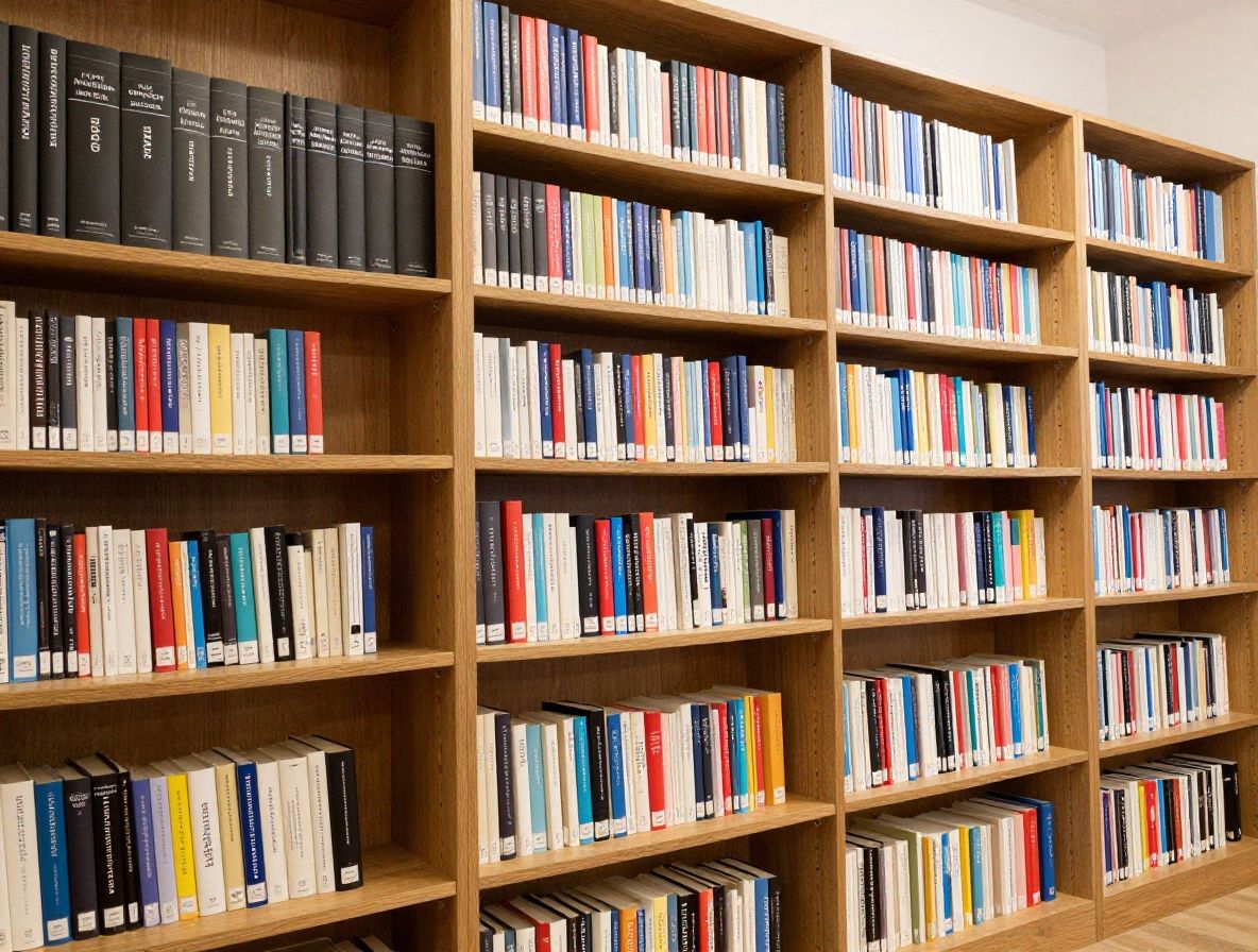 Bibliothèque lumineuse et ordonnée avec des rangées de livres de référence scientifiques et médicaux sur des étagères en bois naturel, ambiance studieuse et sereine évoquant la recherche documentaire