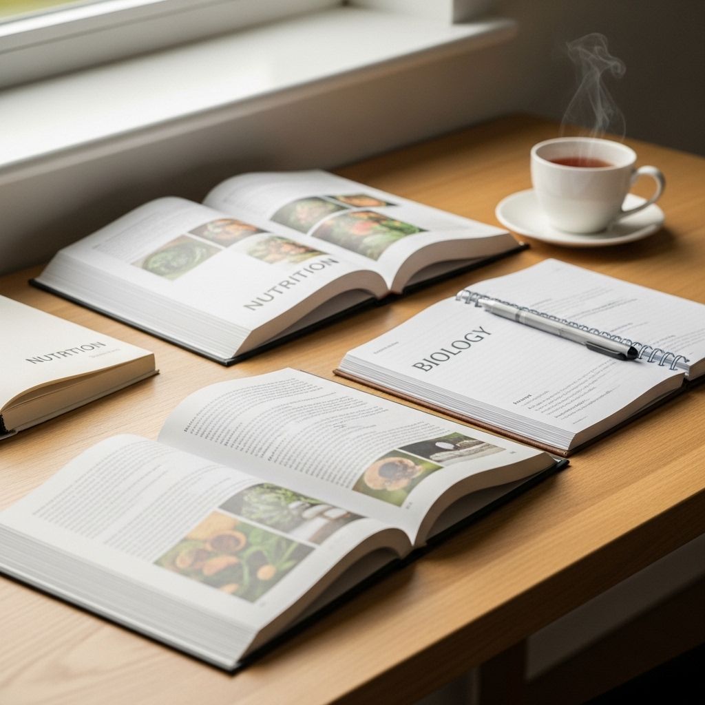 Bureau en bois clair avec des livres ouverts sur la nutrition et la biologie, un carnet de notes et une tasse de thé, dans une lumière naturelle douce filtrant à travers une fenêtre — atmosphère studieuse et calme