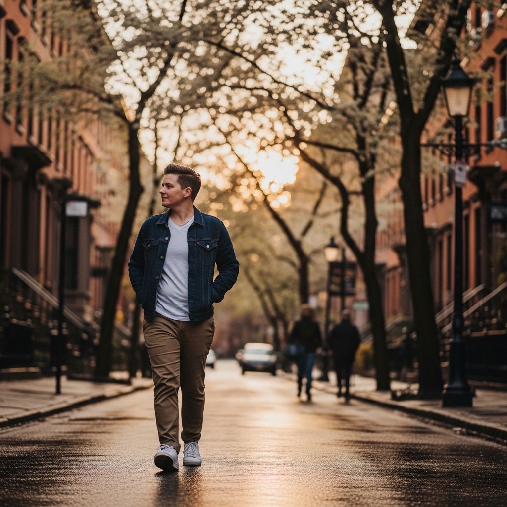 Personne en tenue décontractée marchant dans une rue bordée d'arbres en automne, portant un sac à dos, illustrant une routine quotidienne active et sereine dans un environnement urbain paisible