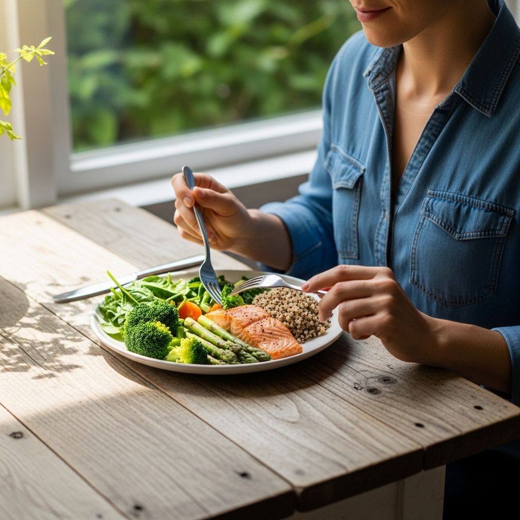 Personne assise à une table en bois devant un repas équilibré composé de légumes verts, de grains entiers et de protéines maigres, dans une atmosphère lumineuse et naturelle