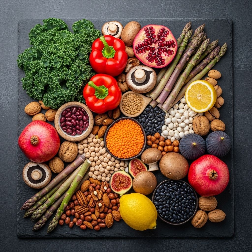 Composition artistique de légumes de saison, noix, légumineuses et fruits sur une surface en ardoise grise, mettant en valeur les textures et les couleurs naturelles des aliments