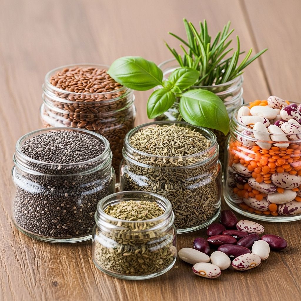 Sélection de petits pots en verre contenant des graines, des herbes séchées et des légumineuses colorées disposées sur une table en bois, illustrant la diversité des sources nutritionnelles naturelles